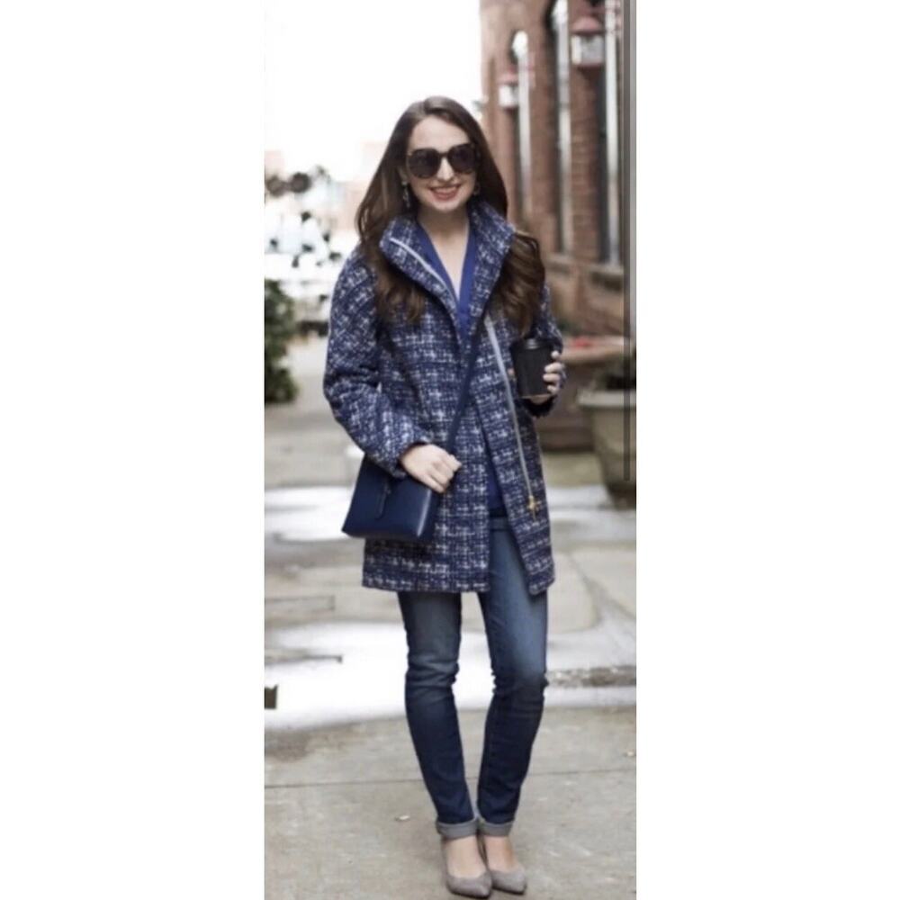 J.Crew Factory Blue Tweed City Coat Commuter Career Wool Blend Sz 4 Petite